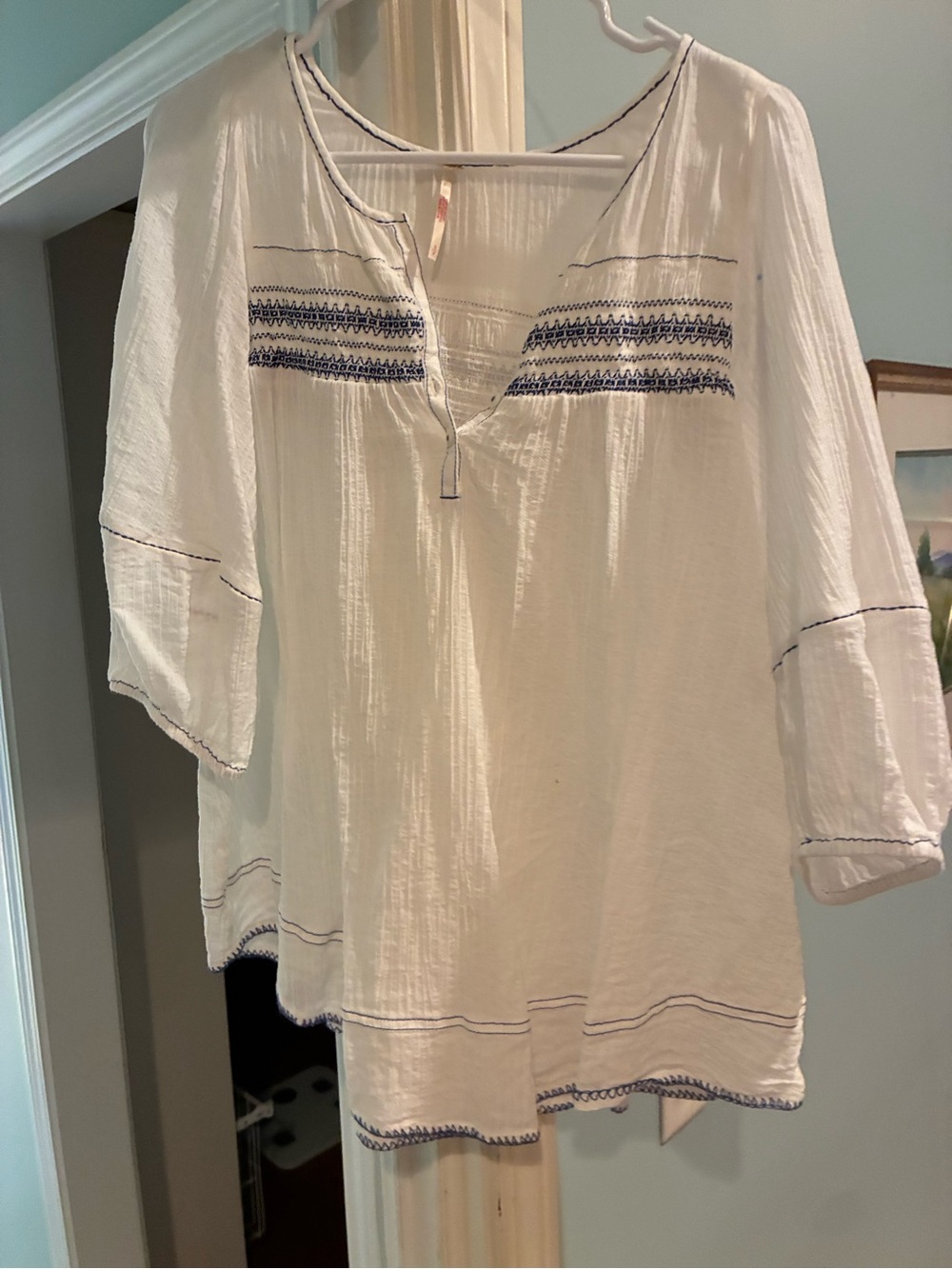 Free People White Gauze Peasant Top with Navy Embroidery